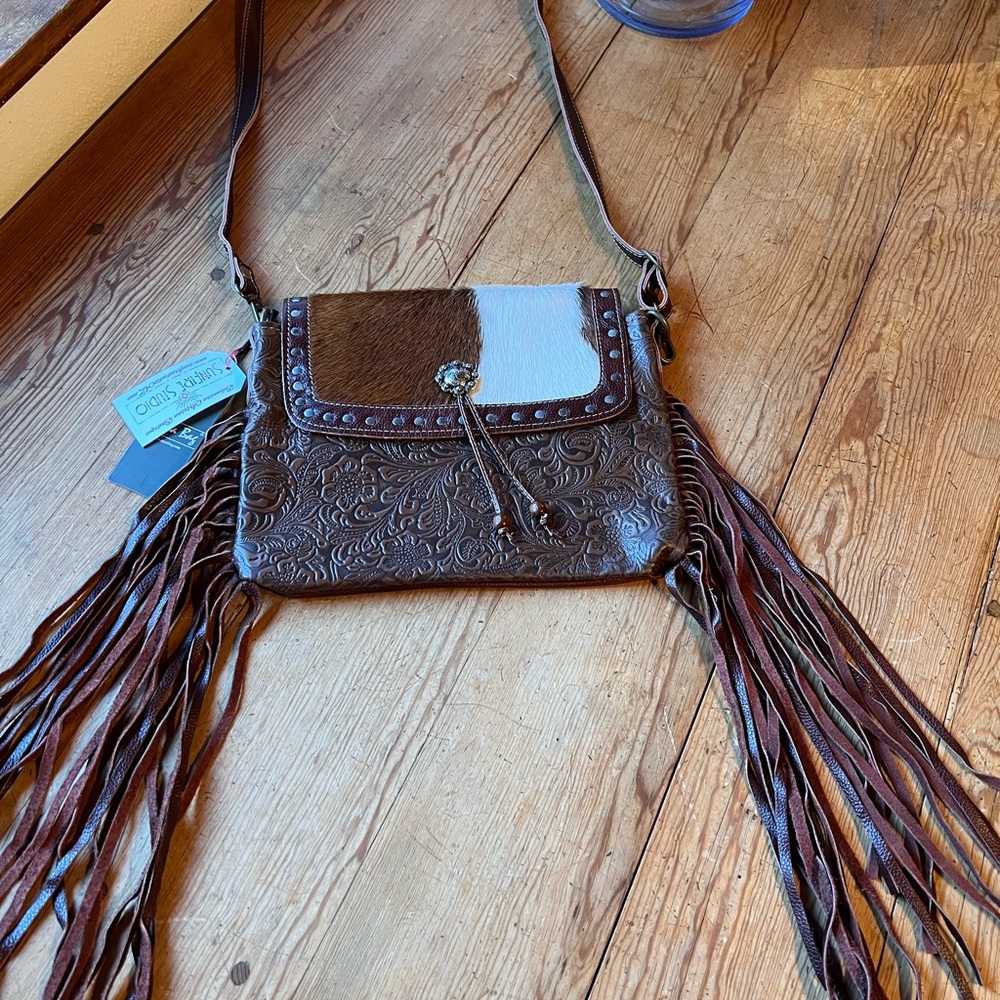 MYRA CARVED BLOSSOMS LEATHER & HAIRON BAG (NWT)